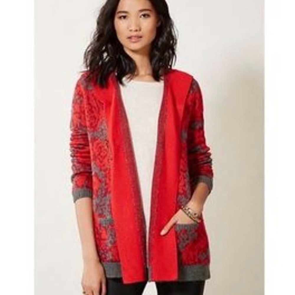 Sparrow Anthropologie Red/Gray sweater with hood Sz XS